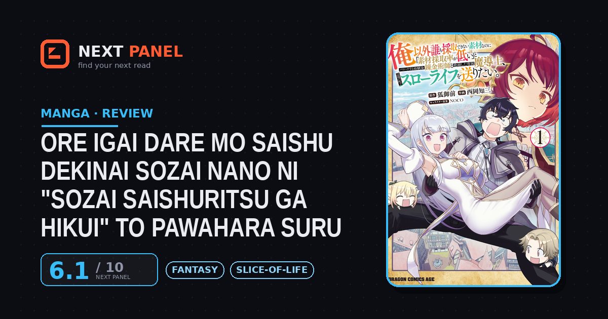 Ore Igai Dare mo Saishu Dekinai Sozai nano ni "Sozai Saishuritsu ga Hikui" to Pawahara Suru Osananajimi Renkinjutsushi to Zetsuen Shita Senzoku Madoushi, Henkyou no Machi de Slow Life wo Okuritai. cover - Next Panel review